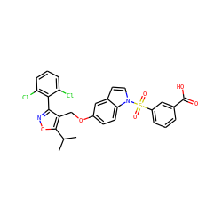 CC(C)c1onc(-c2c(Cl)cccc2Cl)c1COc1ccc2c(ccn2S(=O)(=O)c2cccc(C(=O)O)c2)c1 ZINC000043010395