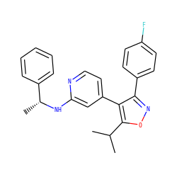 CC(C)c1onc(-c2ccc(F)cc2)c1-c1ccnc(N[C@H](C)c2ccccc2)c1 ZINC000045287595