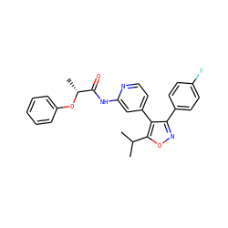 CC(C)c1onc(-c2ccc(F)cc2)c1-c1ccnc(NC(=O)[C@@H](C)Oc2ccccc2)c1 ZINC000045246054