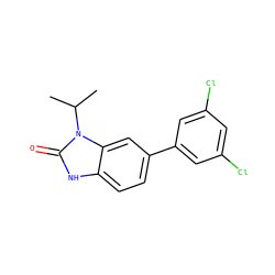 CC(C)n1c(=O)[nH]c2ccc(-c3cc(Cl)cc(Cl)c3)cc21 ZINC000028461697