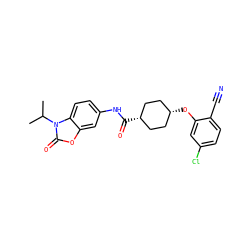 CC(C)n1c(=O)oc2cc(NC(=O)[C@H]3CC[C@@H](Oc4cc(Cl)ccc4C#N)CC3)ccc21 ZINC000261095477