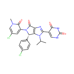 CC(C)n1c(-c2c[nH]c(=O)[nH]c2=O)nc2c1[C@H](c1ccc(Cl)cc1)N(c1cc(Cl)cn(C)c1=O)C2=O ZINC000261094276