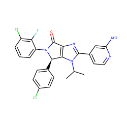 CC(C)n1c(-c2ccnc(N)c2)nc2c1[C@@H](c1ccc(Cl)cc1)N(c1cccc(Cl)c1F)C2=O ZINC000169705755