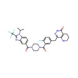 CC(C)n1c(C(F)(F)F)nc2cc(C(=O)N3CCN(C(=O)c4cc(Cc5n[nH]c(=O)c6c5NCCC6)ccc4F)CC3)ccc21 ZINC000147353494