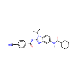 CC(C)n1c(NC(=O)c2ccc(C#N)cc2)nc2cc(N(C)C(=O)C3CCCCC3)ccc21 ZINC000040939020