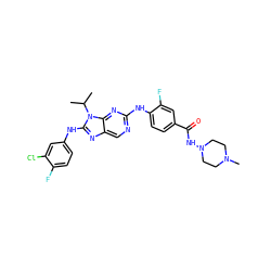 CC(C)n1c(Nc2ccc(F)c(Cl)c2)nc2cnc(Nc3ccc(C(=O)NN4CCN(C)CC4)cc3F)nc21 ZINC000198982335