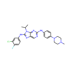 CC(C)n1c(Nc2ccc(F)c(Cl)c2)nc2cnc(Nc3ccc(N4CCN(C)CC4)cc3)nc21 ZINC000198985093