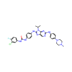 CC(C)n1c(Nc2ccc(NC(=O)Nc3ccc(F)c(Cl)c3)cc2)nc2cnc(Nc3ccc(N4CCN(C)CC4)cc3)nc21 ZINC000142239105