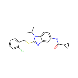 CC(C)n1c(SCc2ccccc2Cl)nc2cc(NC(=O)C3CC3)ccc21 ZINC000028523091