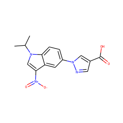 CC(C)n1cc([N+](=O)[O-])c2cc(-n3cc(C(=O)O)cn3)ccc21 ZINC000068266917