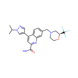 CC(C)n1cc(-c2cc(C(N)=O)nc3cc(CN4CCO[C@H](C(F)(F)F)C4)ccc23)cn1 ZINC000221624685