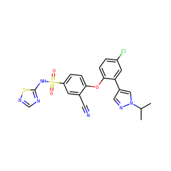 CC(C)n1cc(-c2cc(Cl)ccc2Oc2ccc(S(=O)(=O)Nc3ncns3)cc2C#N)cn1 ZINC000095585435