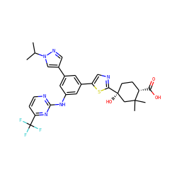 CC(C)n1cc(-c2cc(Nc3nccc(C(F)(F)F)n3)cc(-c3cnc([C@@]4(O)CC[C@H](C(=O)O)C(C)(C)C4)s3)c2)cn1 ZINC000221398931