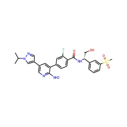 CC(C)n1cc(-c2cnc(N)c(-c3ccc(C(=O)N[C@H](CO)c4cccc(S(C)(=O)=O)c4)c(F)c3)c2)cn1 ZINC001772625090