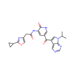 CC(C)n1cc(C(=O)c2c[nH]c(=O)c(NC(=O)Cc3coc(C4CC4)n3)c2)c2cncnc21 ZINC000261187258