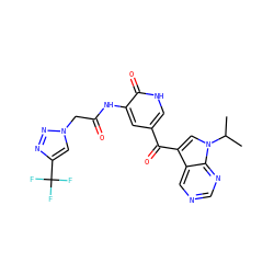 CC(C)n1cc(C(=O)c2c[nH]c(=O)c(NC(=O)Cn3cc(C(F)(F)F)nn3)c2)c2cncnc21 ZINC000261148792