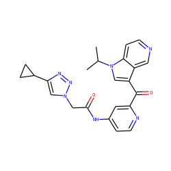 CC(C)n1cc(C(=O)c2cc(NC(=O)Cn3cc(C4CC4)nn3)ccn2)c2cnccc21 ZINC001772642513