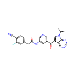 CC(C)n1cc(C(=O)c2cncc(NC(=O)Cc3ccc(C#N)c(F)c3)c2)c2cncnc21 ZINC000169707647