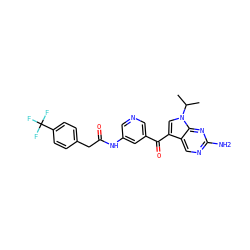 CC(C)n1cc(C(=O)c2cncc(NC(=O)Cc3ccc(C(F)(F)F)cc3)c2)c2cnc(N)nc21 ZINC000169707804