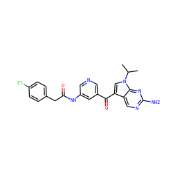 CC(C)n1cc(C(=O)c2cncc(NC(=O)Cc3ccc(Cl)cc3)c2)c2cnc(N)nc21 ZINC000169707810