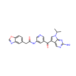 CC(C)n1cc(C(=O)c2cncc(NC(=O)Cc3ccc4ocnc4c3)c2)c2cnc(N)nc21 ZINC000169707806