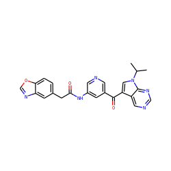 CC(C)n1cc(C(=O)c2cncc(NC(=O)Cc3ccc4ocnc4c3)c2)c2cncnc21 ZINC000169707658