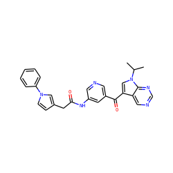 CC(C)n1cc(C(=O)c2cncc(NC(=O)Cc3ccn(-c4ccccc4)c3)c2)c2cncnc21 ZINC000169707699