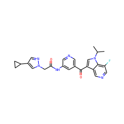 CC(C)n1cc(C(=O)c2cncc(NC(=O)Cn3cc(C4CC4)cn3)c2)c2cncc(F)c21 ZINC001772585810