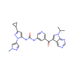 CC(C)n1cc(C(=O)c2cncc(NC(=O)Nc3cc(C4CC4)nn3-c3cnn(C)c3)c2)c2cncnc21 ZINC000169708082