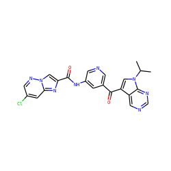 CC(C)n1cc(C(=O)c2cncc(NC(=O)c3cn4ncc(Cl)cc4n3)c2)c2cncnc21 ZINC000169686432
