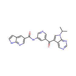 CC(C)n1cc(C(=O)c2cncc(NC(=O)c3cnc4[nH]ccc4c3)c2)c2cncnc21 ZINC000221757691