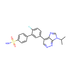 CC(C)n1cnc2c(-c3ccc(F)c(-c4ccc(S(N)(=O)=O)cc4)c3)cnnc21 ZINC000150023390