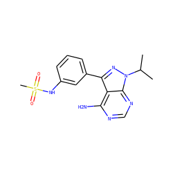 CC(C)n1nc(-c2cccc(NS(C)(=O)=O)c2)c2c(N)ncnc21 ZINC000064516473