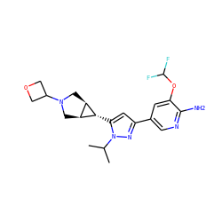 CC(C)n1nc(-c2cnc(N)c(OC(F)F)c2)cc1[C@@H]1[C@H]2CN(C3COC3)C[C@H]21 ZINC000148078519