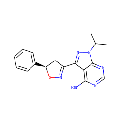 CC(C)n1nc(C2=NO[C@@H](c3ccccc3)C2)c2c(N)ncnc21 ZINC000653775549