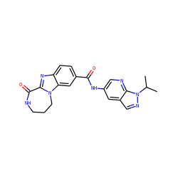 CC(C)n1ncc2cc(NC(=O)c3ccc4nc5n(c4c3)CCCNC5=O)cnc21 ZINC000148441581