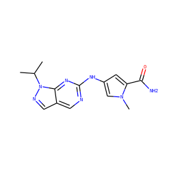 CC(C)n1ncc2cnc(Nc3cc(C(N)=O)n(C)c3)nc21 ZINC000084614489