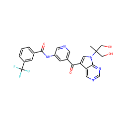 CC(CO)(CO)n1cc(C(=O)c2cncc(NC(=O)c3cccc(C(F)(F)F)c3)c2)c2cncnc21 ZINC000169707821