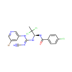 CC(Cl)(Cl)[C@@H](NC(=O)c1ccc(Cl)cc1)N/C(=N/C#N)Nc1cncc(Br)c1 ZINC000028866255