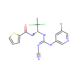 CC(Cl)(Cl)[C@@H](NC(=O)c1cccs1)N/C(=N/C#N)Nc1cncc(Br)c1 ZINC000028866553