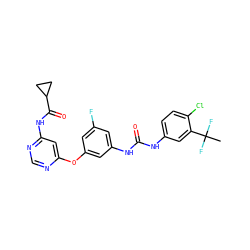 CC(F)(F)c1cc(NC(=O)Nc2cc(F)cc(Oc3cc(NC(=O)C4CC4)ncn3)c2)ccc1Cl ZINC001772650251