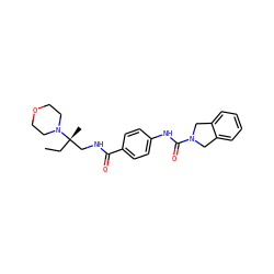CC[C@@](C)(CNC(=O)c1ccc(NC(=O)N2Cc3ccccc3C2)cc1)N1CCOCC1 ZINC000165972237
