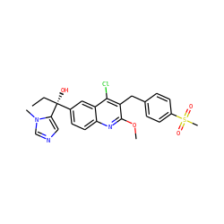 CC[C@@](O)(c1ccc2nc(OC)c(Cc3ccc(S(C)(=O)=O)cc3)c(Cl)c2c1)c1cncn1C ZINC001772643687