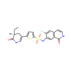 CC[C@@]1(C)CC(c2ccc(S(=O)(=O)Nc3cc4c(=O)[nH]ccc4cc3F)s2)=CNC1=O ZINC001772607928