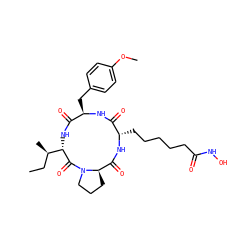 CC[C@@H](C)[C@@H]1NC(=O)[C@@H](Cc2ccc(OC)cc2)NC(=O)[C@H](CCCCCC(=O)NO)NC(=O)[C@H]2CCCN2C1=O ZINC000026481700