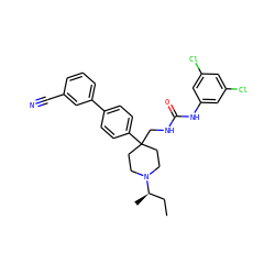 CC[C@@H](C)N1CCC(CNC(=O)Nc2cc(Cl)cc(Cl)c2)(c2ccc(-c3cccc(C#N)c3)cc2)CC1 ZINC000028117080