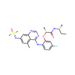 CC[C@@H](C)NC(=O)[C@@H](C)Oc1cc(F)ccc1Nc1ncnc2cc(N=S(C)(C)=O)cc(C)c12 ZINC001772635691