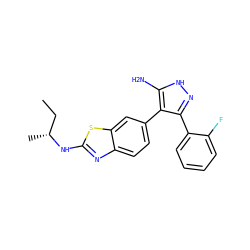 CC[C@@H](C)Nc1nc2ccc(-c3c(-c4ccccc4F)n[nH]c3N)cc2s1 ZINC000029041809