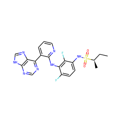 CC[C@@H](C)S(=O)(=O)Nc1ccc(F)c(Nc2ncccc2-c2ncnc3[nH]cnc23)c1F ZINC000653856292