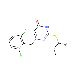 CC[C@@H](C)Sc1nc(Cc2c(Cl)cccc2Cl)cc(=O)[nH]1 ZINC000013556497